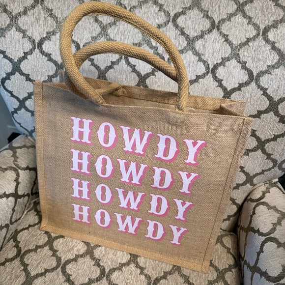Burlap Howdy Jute Tote Bag - Picture 1 of 11